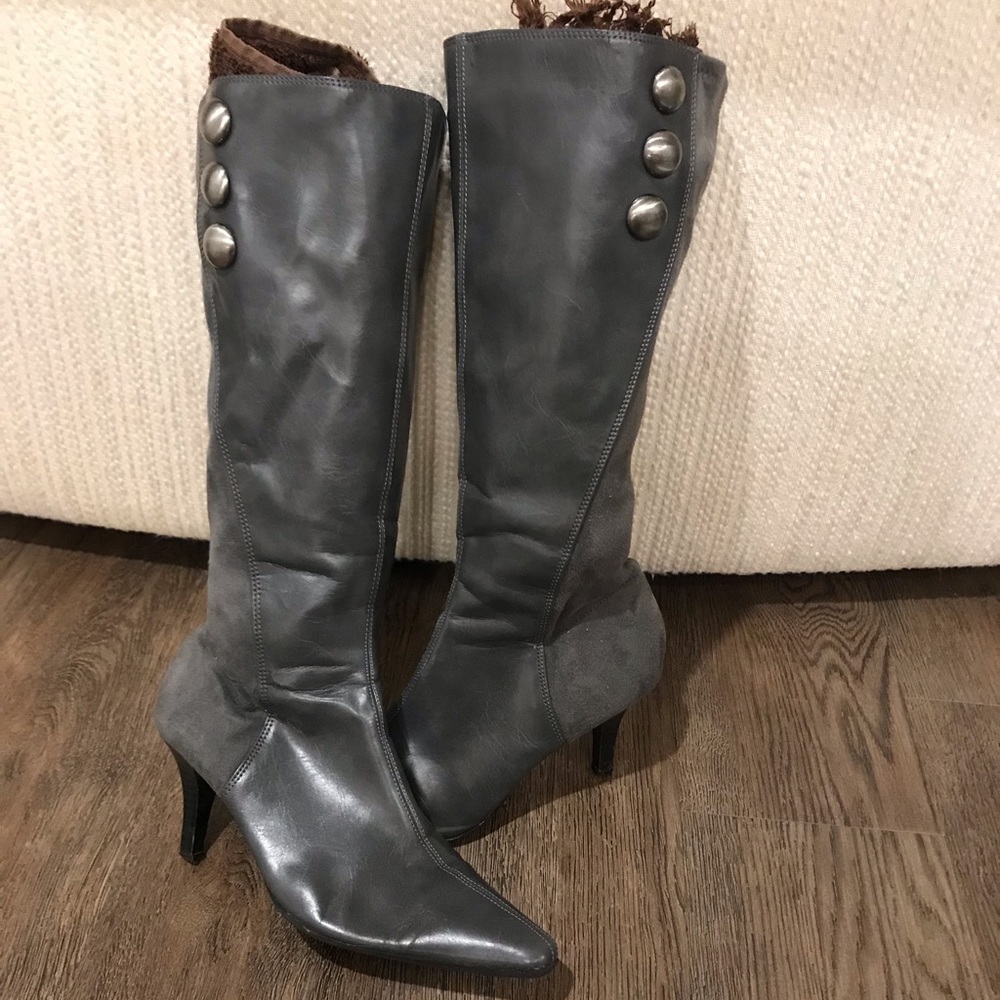 Gray pleather and suede boots
